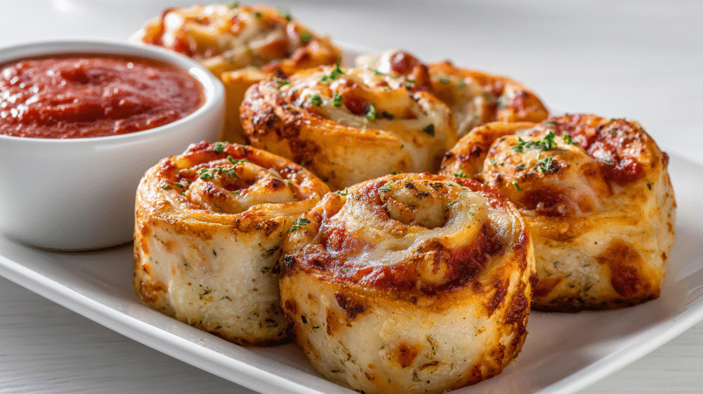 Homemade Gluten-Free Pizza Rolls served with marinara dipping sauce
