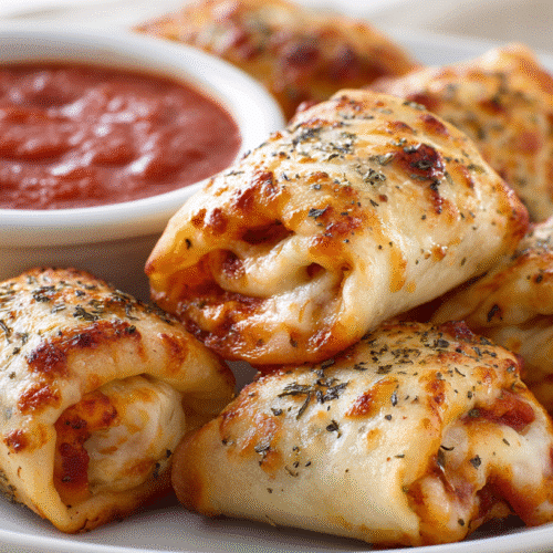 Homemade Gluten-Free Pizza Rolls freshly baked in a white ceramic dish