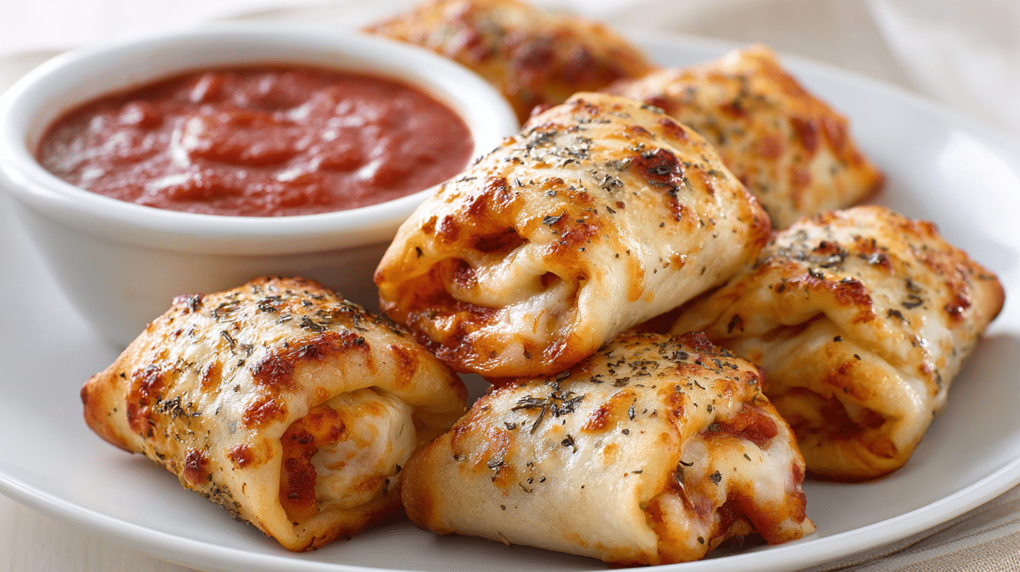 Homemade Gluten-Free Pizza Rolls freshly baked in a white ceramic dish