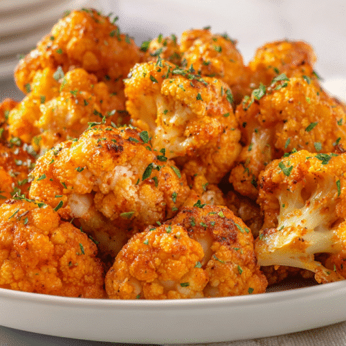 Gluten Free Buffalo Cauliflower Bites on white plate