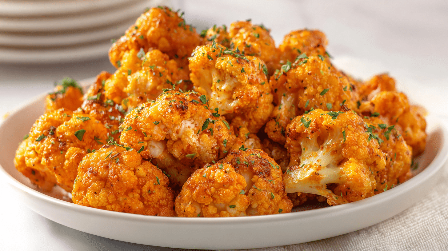 Gluten Free Buffalo Cauliflower Bites on white plate