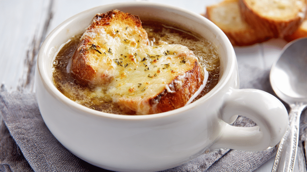 French Onion Soup Gluten Free with golden cheese and toast
