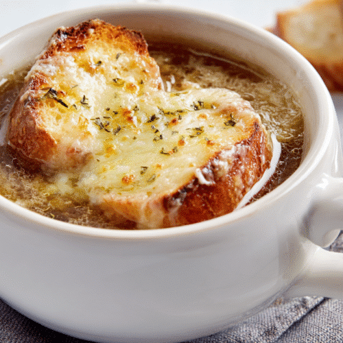 French Onion Soup Gluten Free with golden cheese and toast