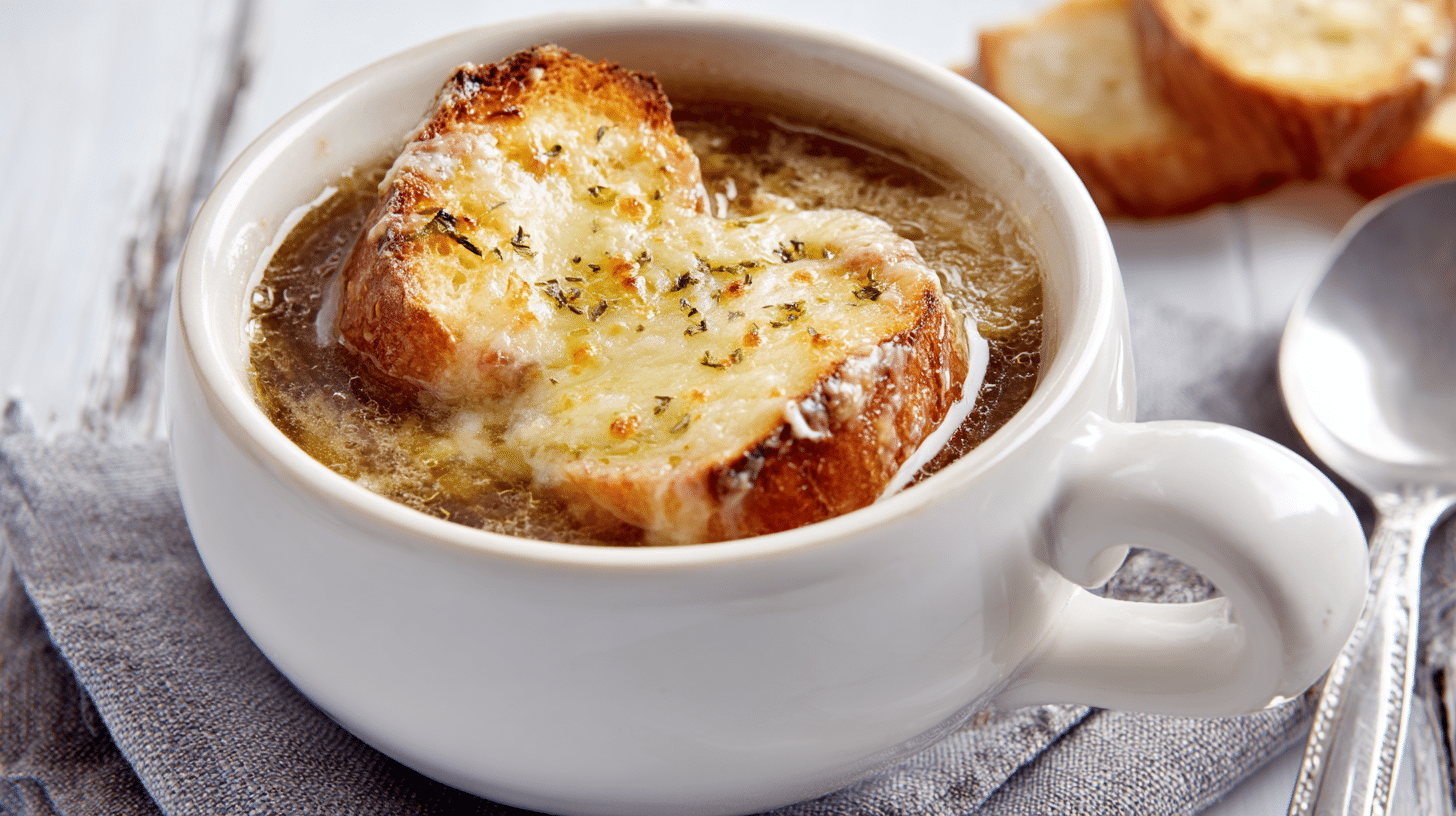 French Onion Soup Gluten Free with golden cheese and toast