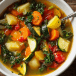 gluten free vegetable soup close up in ceramic bowl