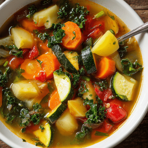 gluten free vegetable soup close up in ceramic bowl
