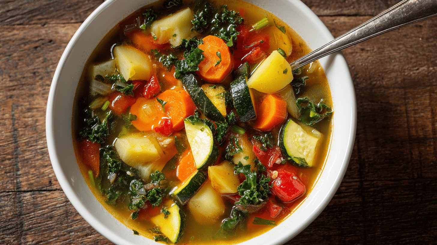 gluten free vegetable soup close up in ceramic bowl