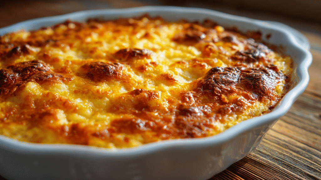 Cheesy gluten free potato casserole in baking dish close-up