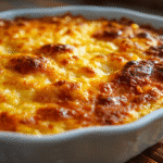 Cheesy gluten free potato casserole in baking dish close-up