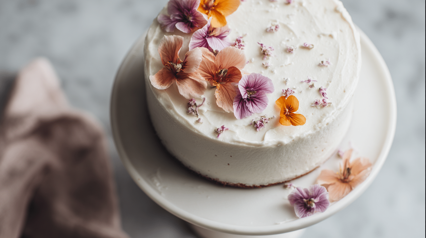 Finished Classic Gluten-Free Vanilla Cake on cake stand