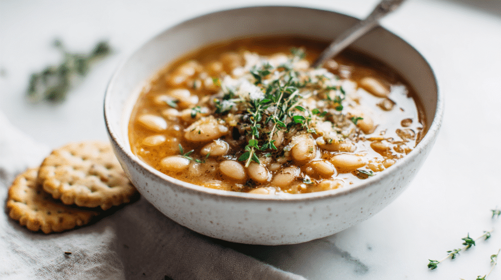 Served white bean soup gluten free with herbs