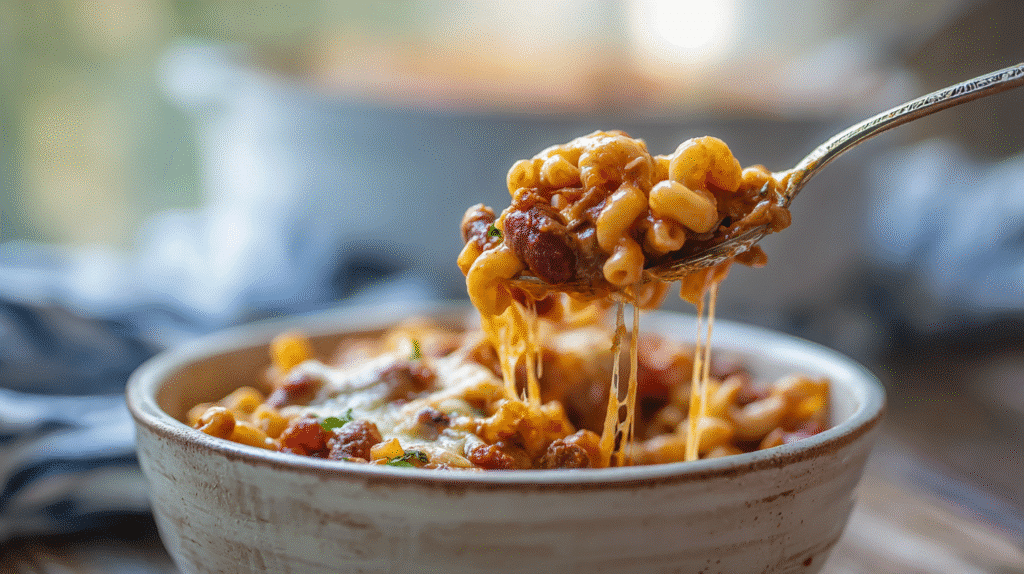 Spoonful of One-Pot Gluten Free Chili Mac being served