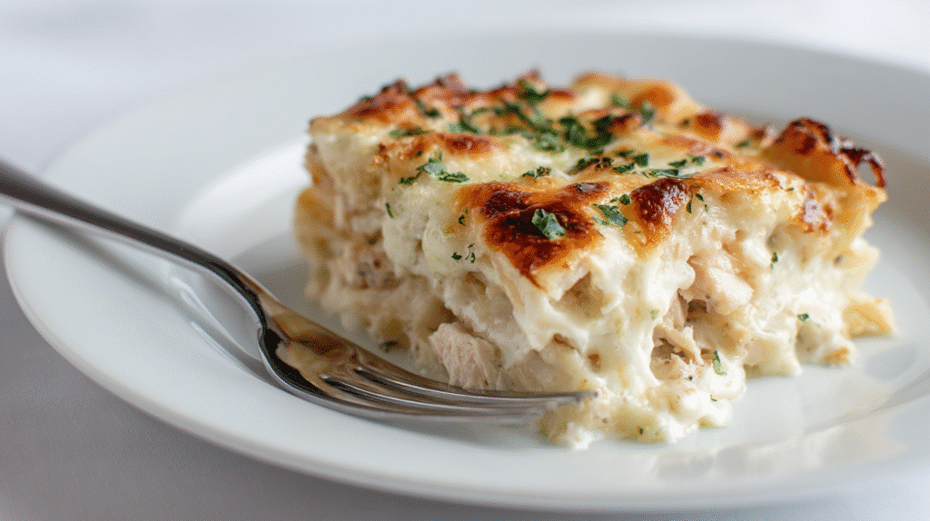 Serving of gluten free chicken alfredo bake on white plate