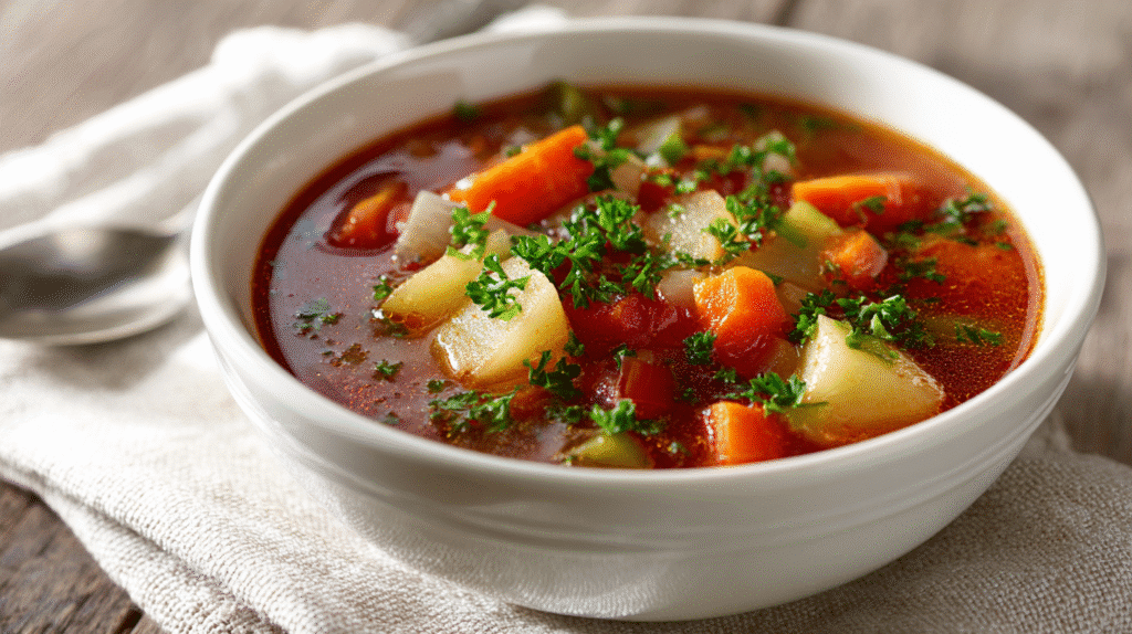 serving gluten free vegetable soup in white bowl