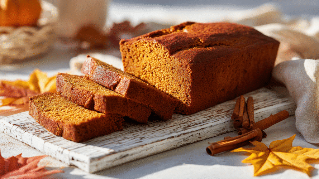 gluten free pumpkin bread loaf sliced on wooden board
