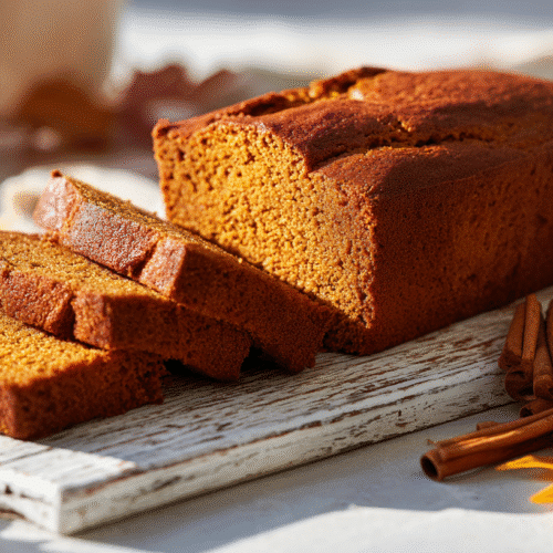 gluten free pumpkin bread loaf sliced on wooden board