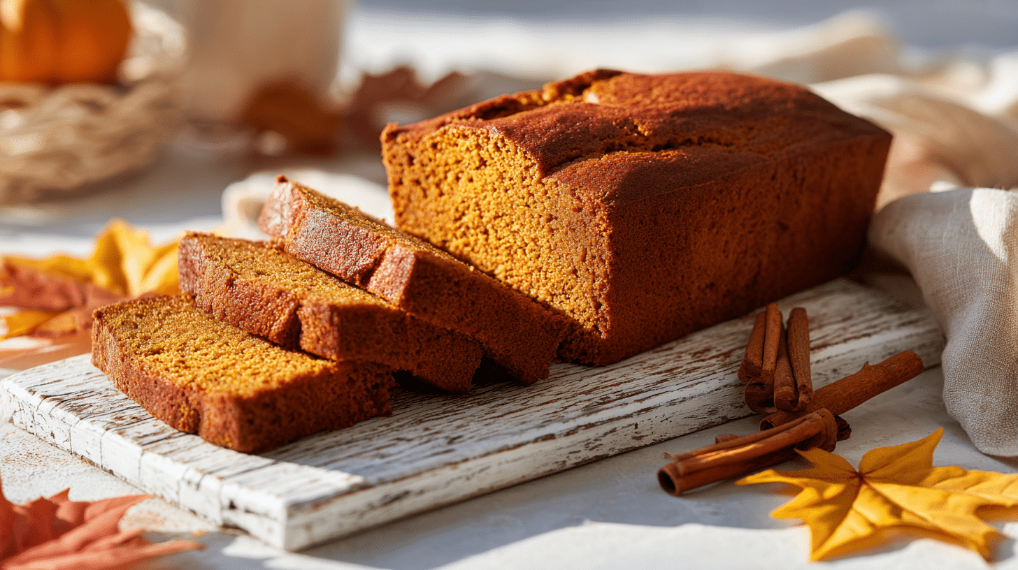 gluten free pumpkin bread loaf sliced on wooden board