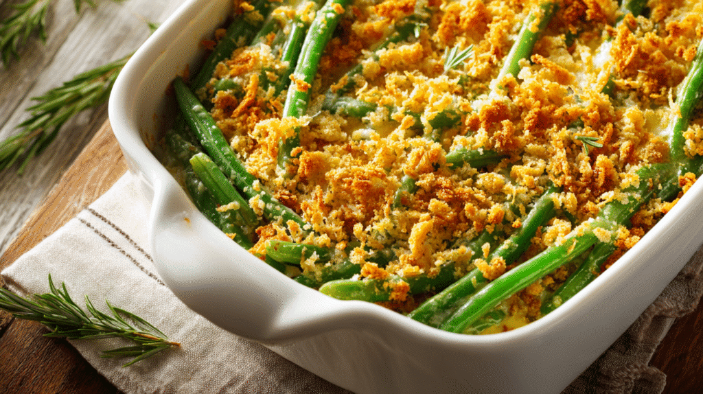 gluten free green bean casserole in white dish with golden topping