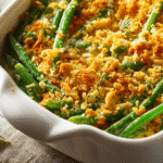 gluten free green bean casserole in white dish with golden topping