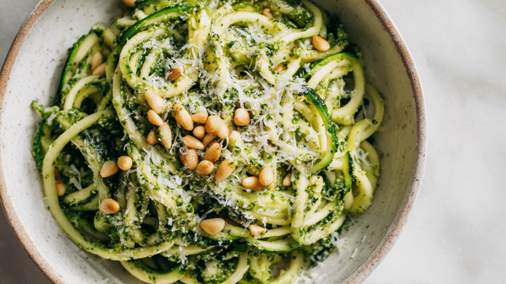 Gluten Free Zucchini Noodles with Pesto in bright bowl