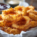 Oven-baked gluten-free onion rings on baking tray