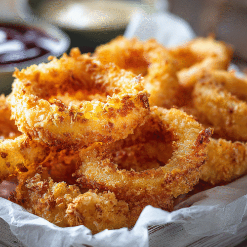Oven-baked gluten-free onion rings on baking tray