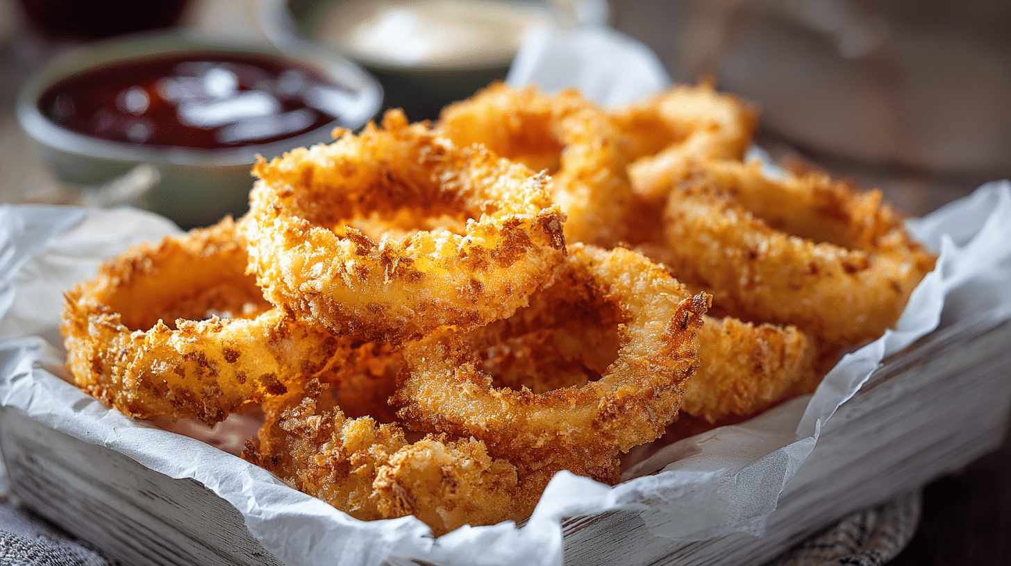 Oven-baked gluten-free onion rings on baking tray