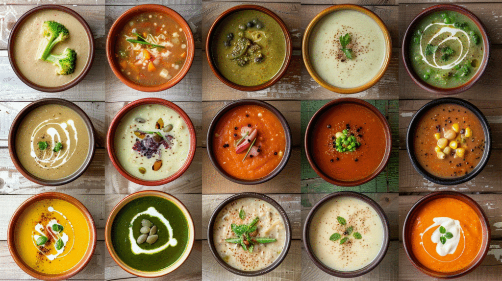 Collage featuring 13 different soups, each shown in its own section, including vegetable soups, creamy soups, bean soups, broccoli soup, pumpkin soup, and French onion soup, photographed from a top-down perspective.