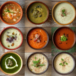 Collage featuring 13 different soups, each shown in its own section, including vegetable soups, creamy soups, bean soups, broccoli soup, pumpkin soup, and French onion soup, photographed from a top-down perspective.