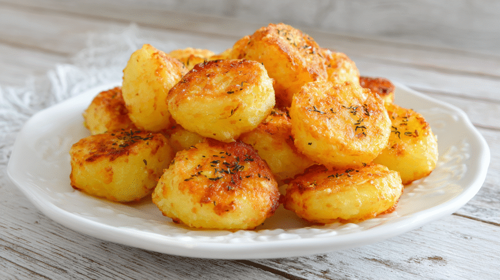 Crispy gluten free potato bites on a white ceramic plate