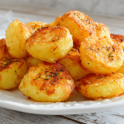 Crispy gluten free potato bites on a white ceramic plate