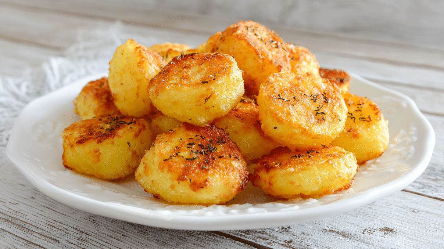 Crispy gluten free potato bites on a white ceramic plate