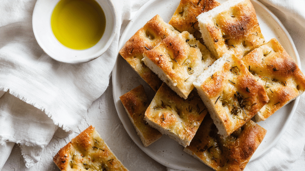 Sliced Easy Gluten Free Focaccia served with olive oil