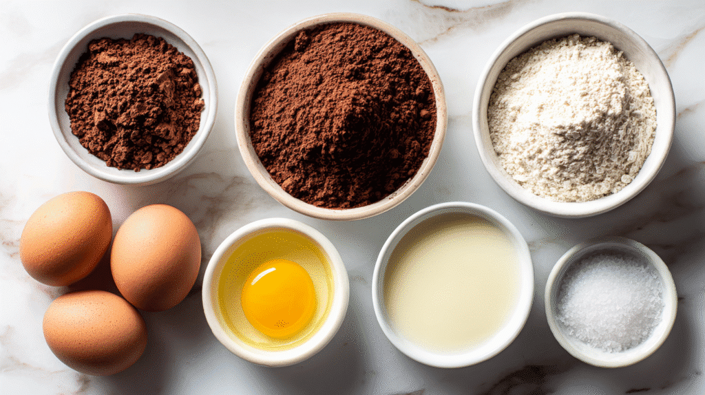 Gluten free chocolate cake ingredients on marble