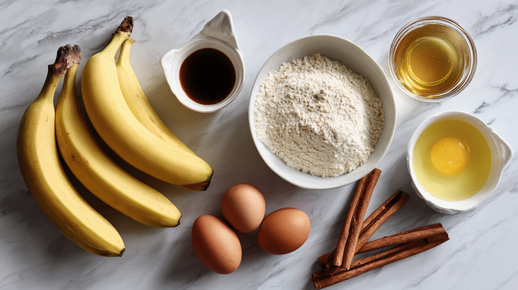 ingredients for gluten free banana bread on marble