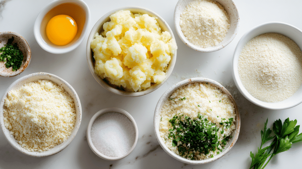 Ingredients for crispy gluten free potato bites in bowls