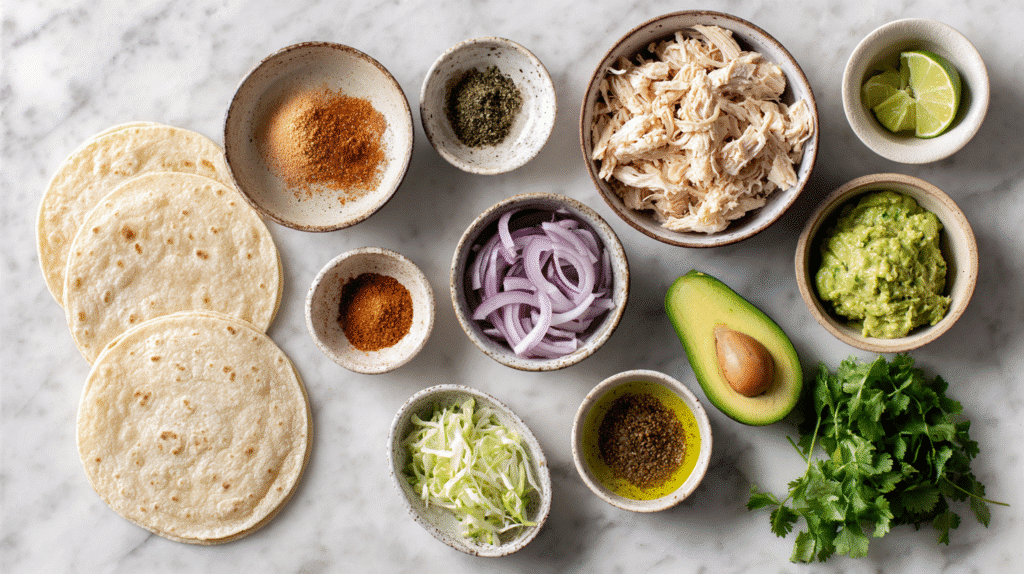 Gluten-Free Mini Chicken Tacos Ingredients Flat Lay