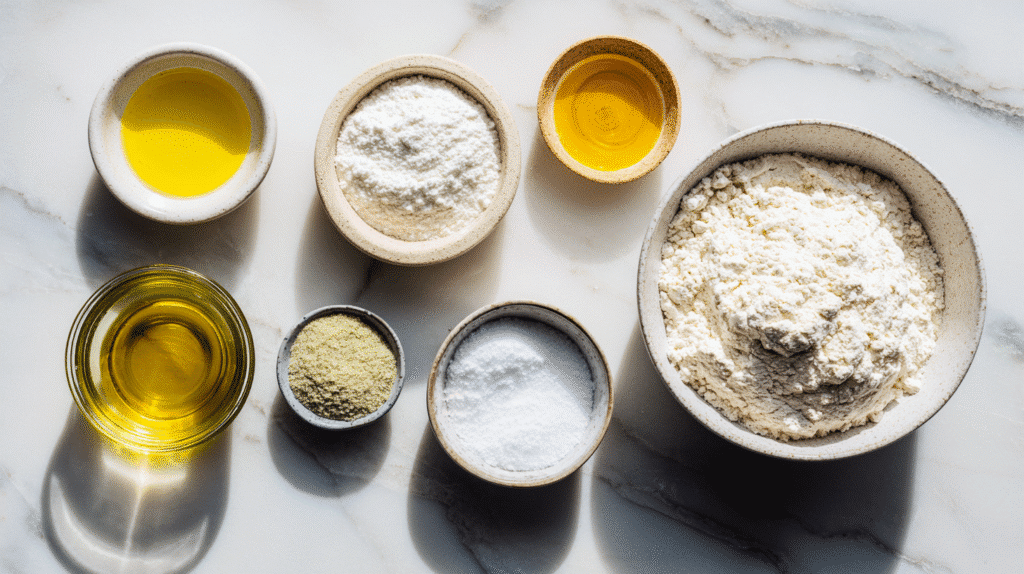 Ingredients for Easy Gluten-Free Soft Pretzels on marble surface