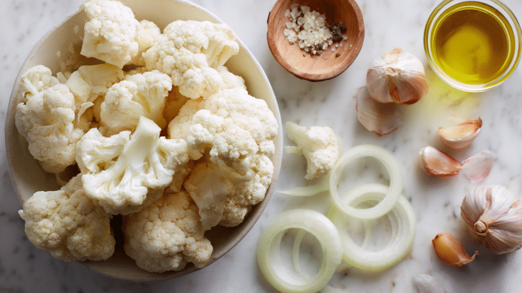 Ingredients for creamy cauliflower soup on white countertop