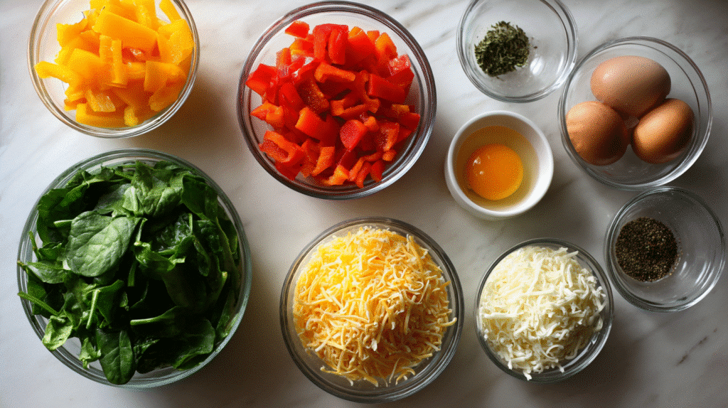 Ingredients for gluten free veggie egg muffins on counter