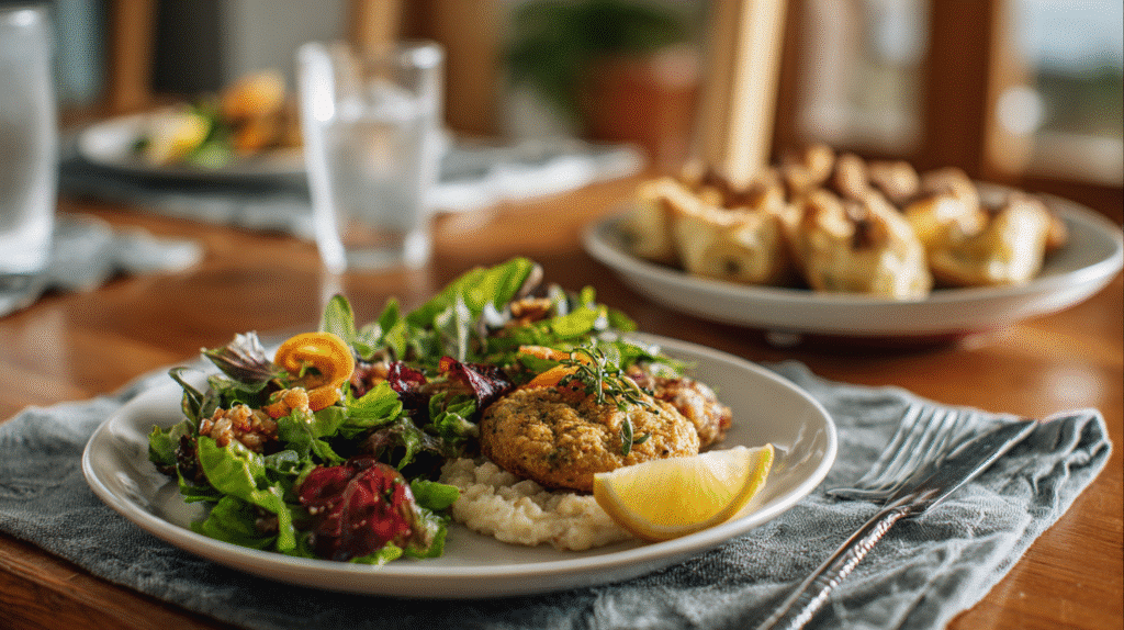Served gluten free bulk cooking meal with salad