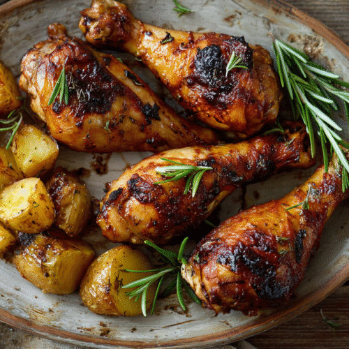 BBQ Chicken Drumsticks with Roasted Potatoes on rustic plate