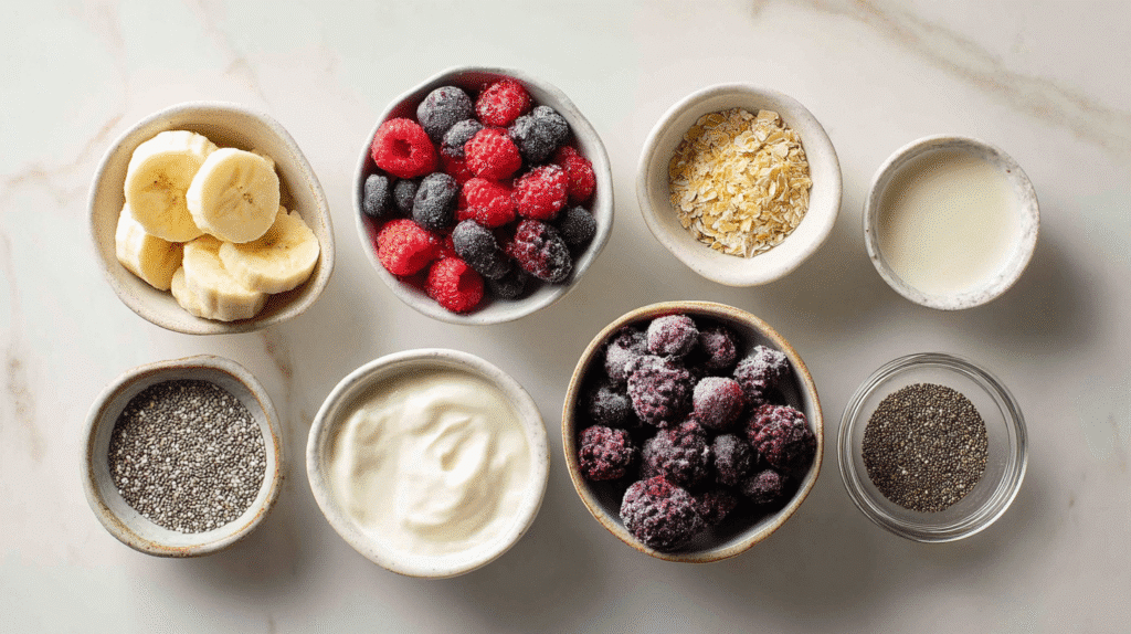 Gluten-free smoothie bowl ingredients on a white surface