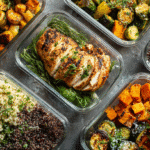 Gluten free bulk cooking meals displayed in meal prep containers