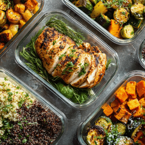Gluten free bulk cooking meals displayed in meal prep containers