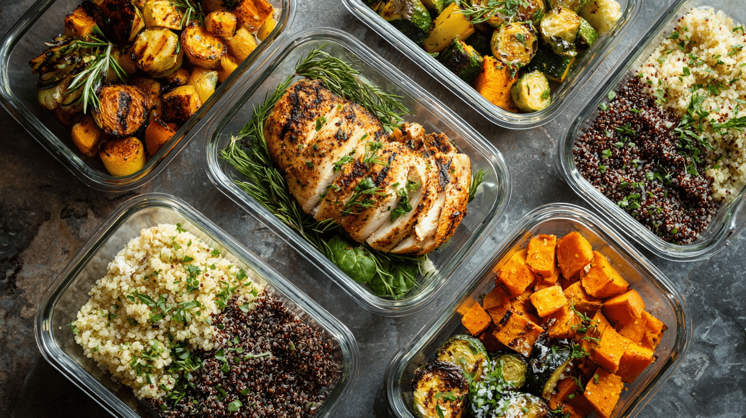 Gluten free bulk cooking meals displayed in meal prep containers