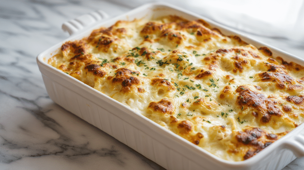 Creamy Gluten Free Chicken Alfredo Bake in a bright ceramic dish