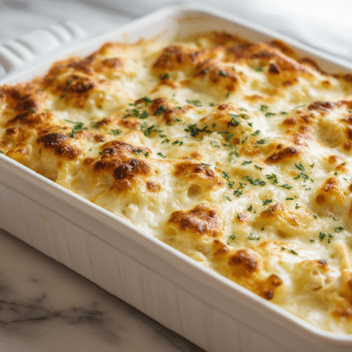 Creamy Gluten Free Chicken Alfredo Bake in a bright ceramic dish