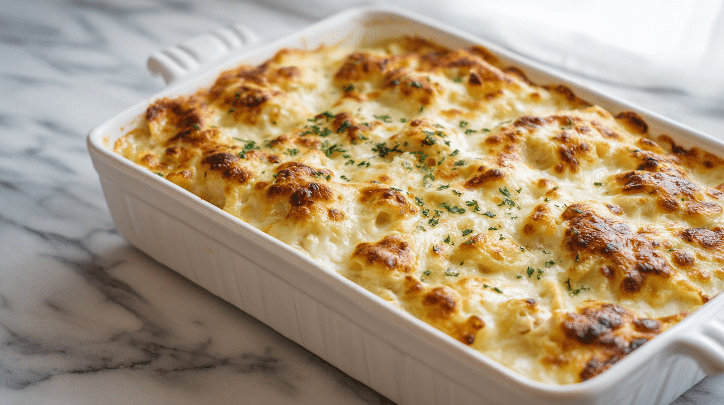 Creamy Gluten Free Chicken Alfredo Bake in a bright ceramic dish