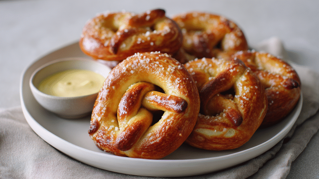 Gluten-free soft pretzels served with mustard dipping sauce